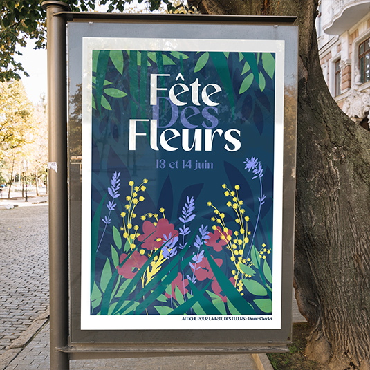 Affiche illustrée pour la fête des fleurs, Prune Charlet