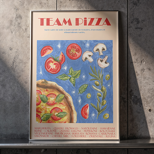 Affiche illustrée d'une pizza pour une restaurant, Prune Charlet