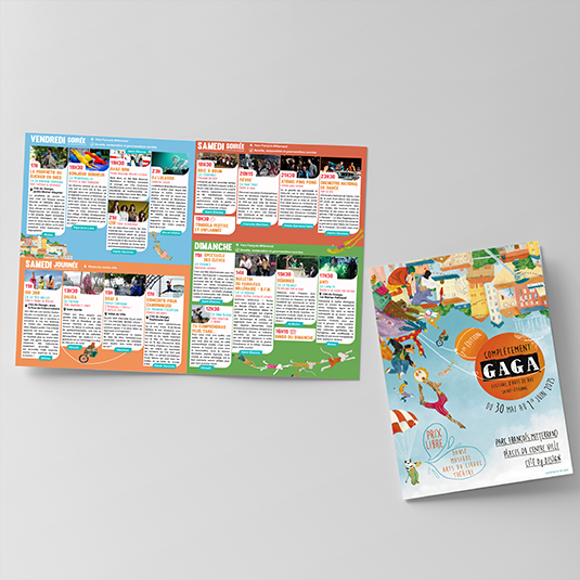 Mise en page du flyer du festival de rue Complètement GAGA à Saint-Etienne par Prune Charlet