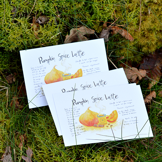 Illustration d'une carte postale avec une recette de pumpkin spice latte  – collection culinaire, Prune Charlet