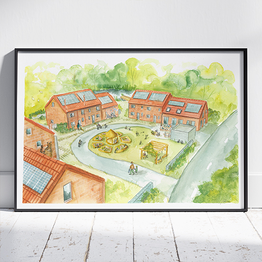 Illustration personnalisée d'un habitat inclusif en belgique, Prune Charlet