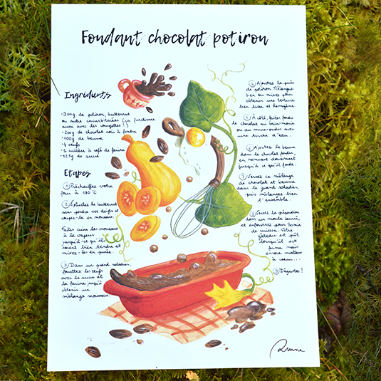 Illustration d'une recette de fondant au chocolat potiron  – collection culinaire, Prune Charlet
