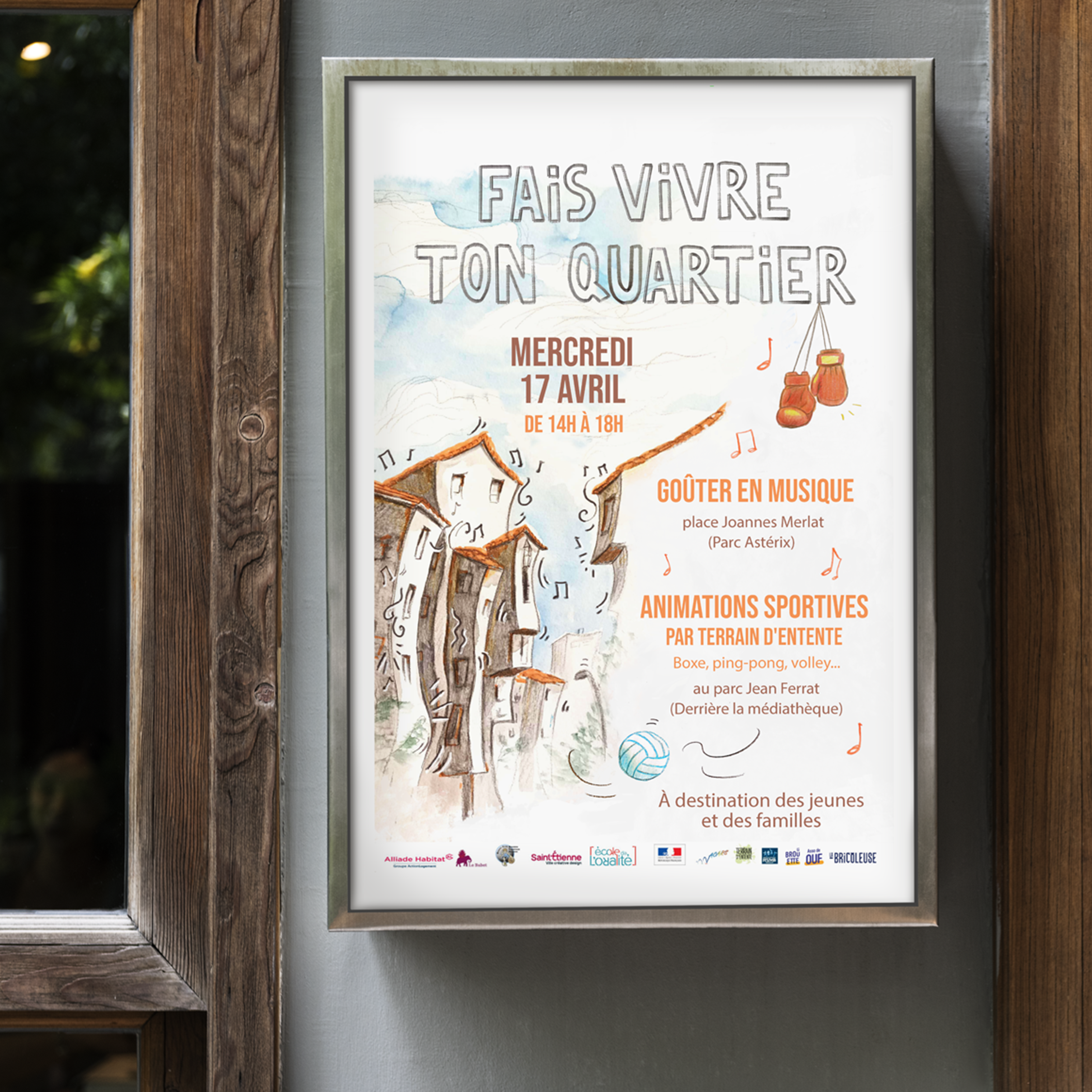 Affiche à l'aquarelle pour 'Fais Vivre Ton Quartier', évènement du quartier beaubrun Tarentaize de Saint-Étienne.